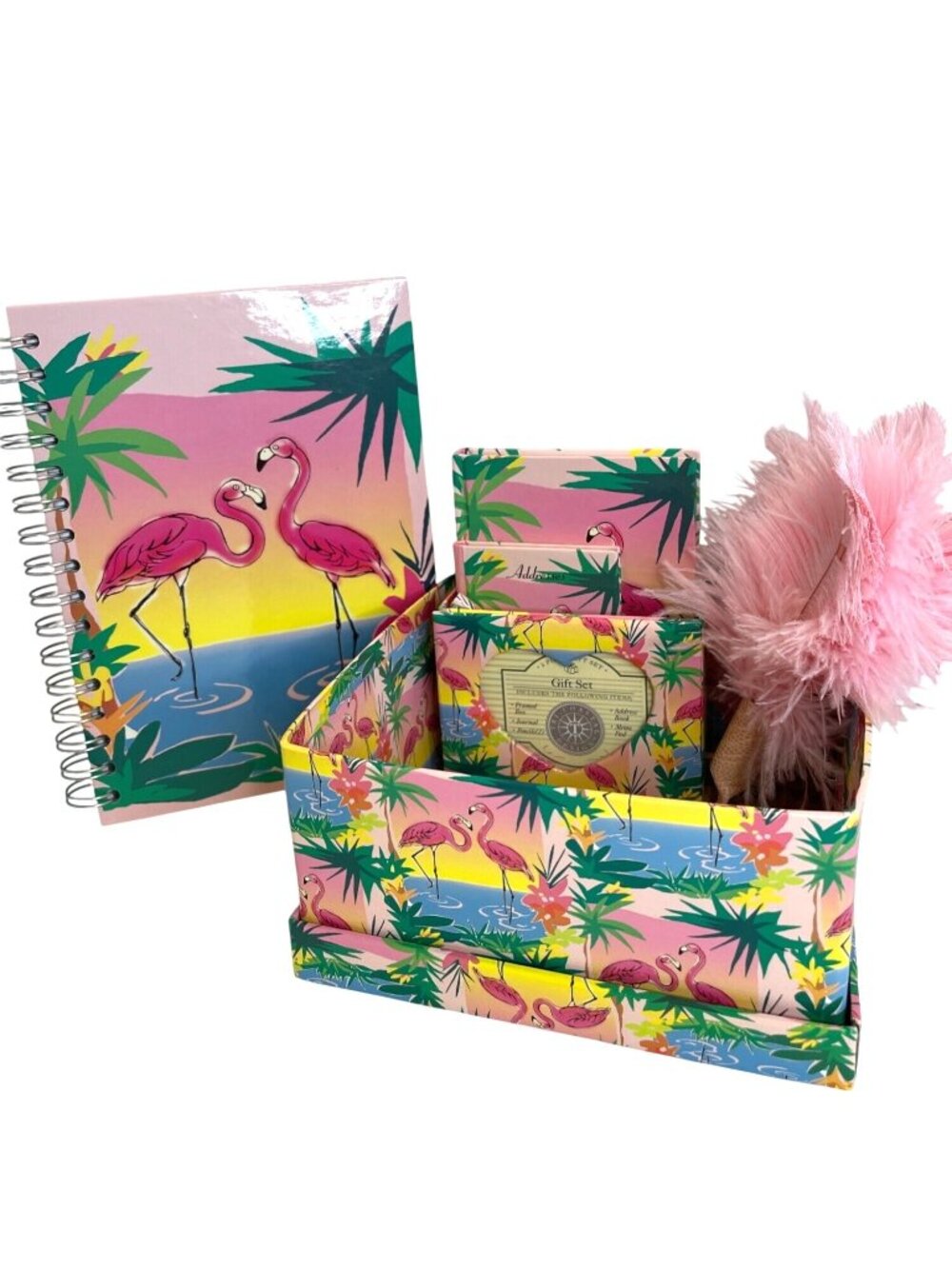 Vintage Flamingo Stationery Desk Gift 7 Pc Set Office Storage Box Journal Pencil - Picture 4 of 14